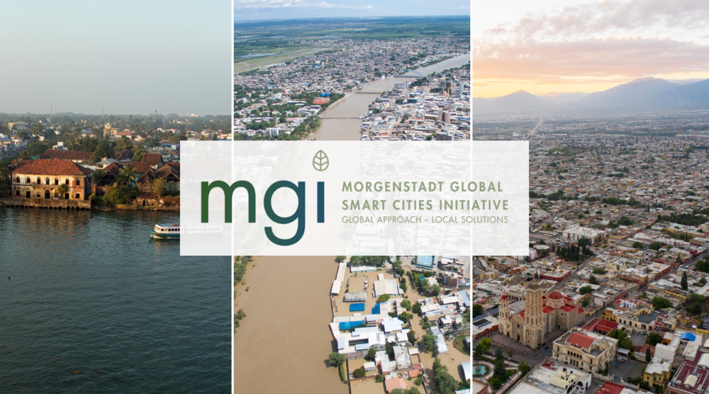 Drei Bilder von jeweils einer Pilotstadt mit dem MGI-Logo im Vordergrund.