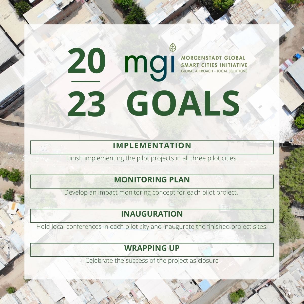 Text: MGI Goals 2023. Implementation. Finish implementing all three pilot projects. Monitoring plan. Develop an impact monitoring concepts for each pilot project. Inauguration. Celebrate the successfull implementation at